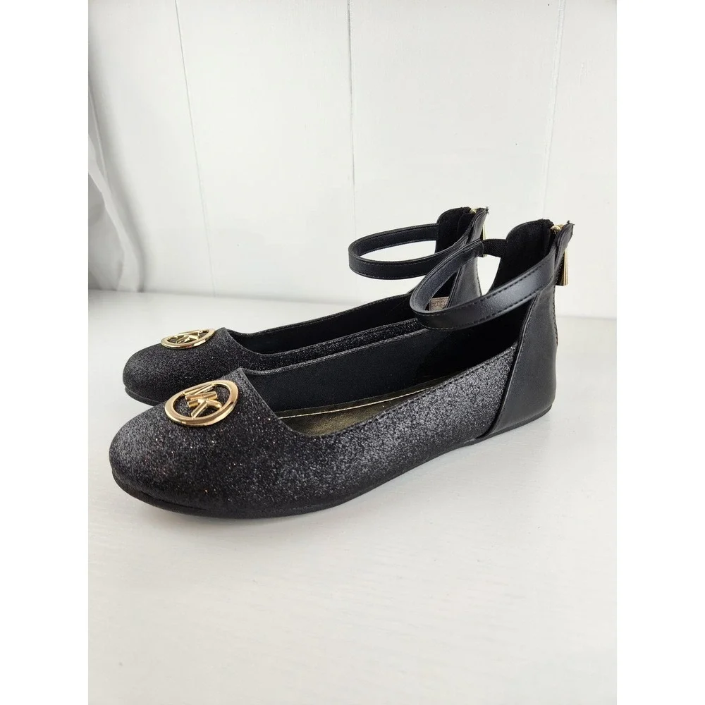 Michael Kors Girls Black Glitter Ankle Strap Ballet Flats MK100868C Size 5